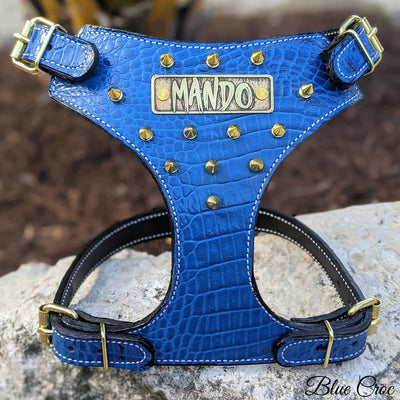 French Bulldog Leather Harness, Spiked Harness, Name Plate -  FBH3