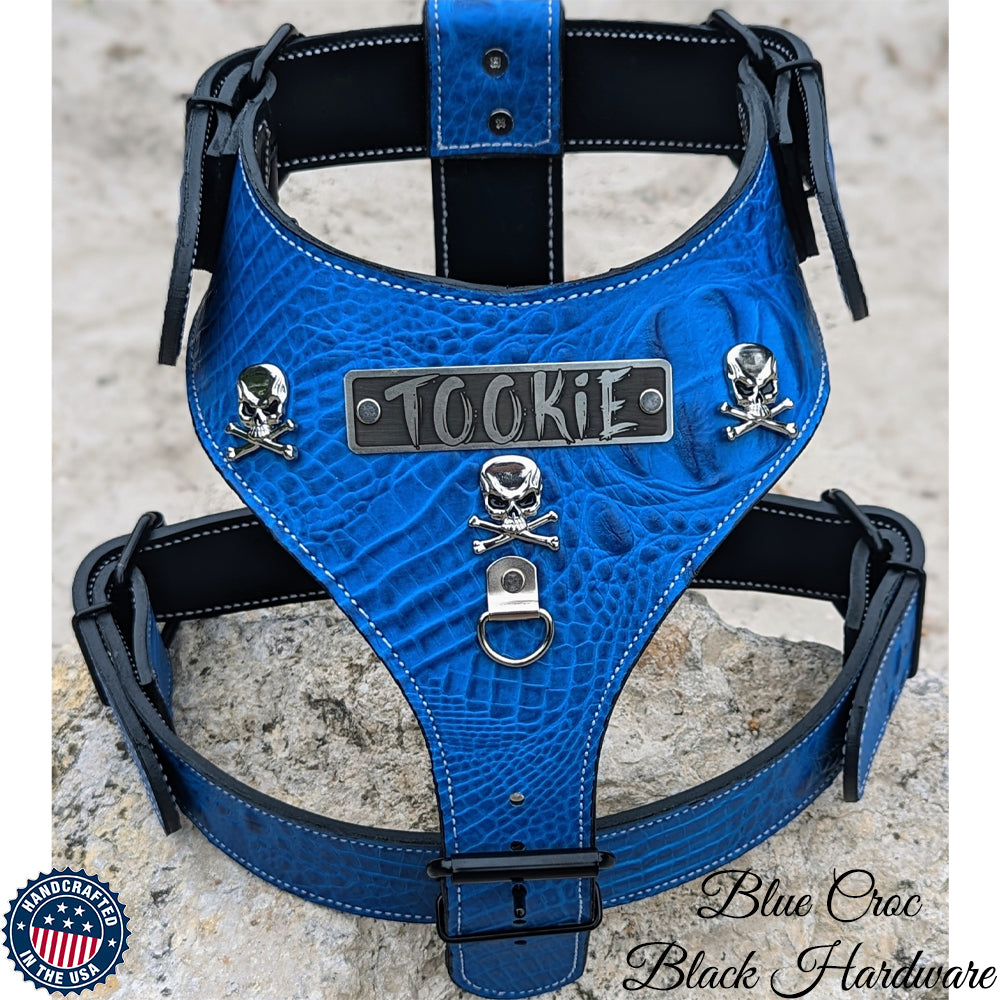 NH16 - Personalized Leather Dog Harness with Skull & Crossbones
