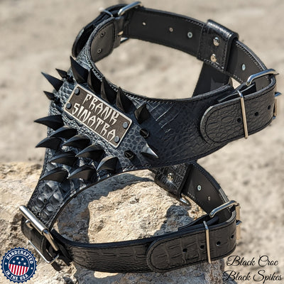 Spiked Leather Dog Harness Personalized Name Plate Heavy Duty - NH17