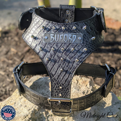 YN62 - Spiked Leather Dog Harness Personalized Name Plate