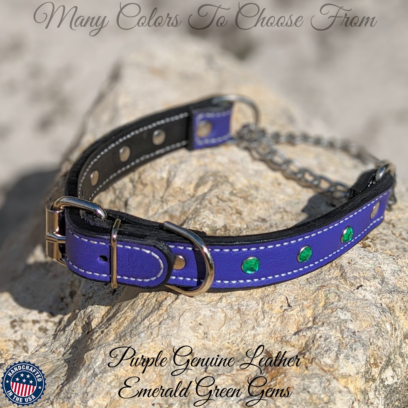LM6 - 1" Wide Leather Martingale Collar with Buckle & Gems