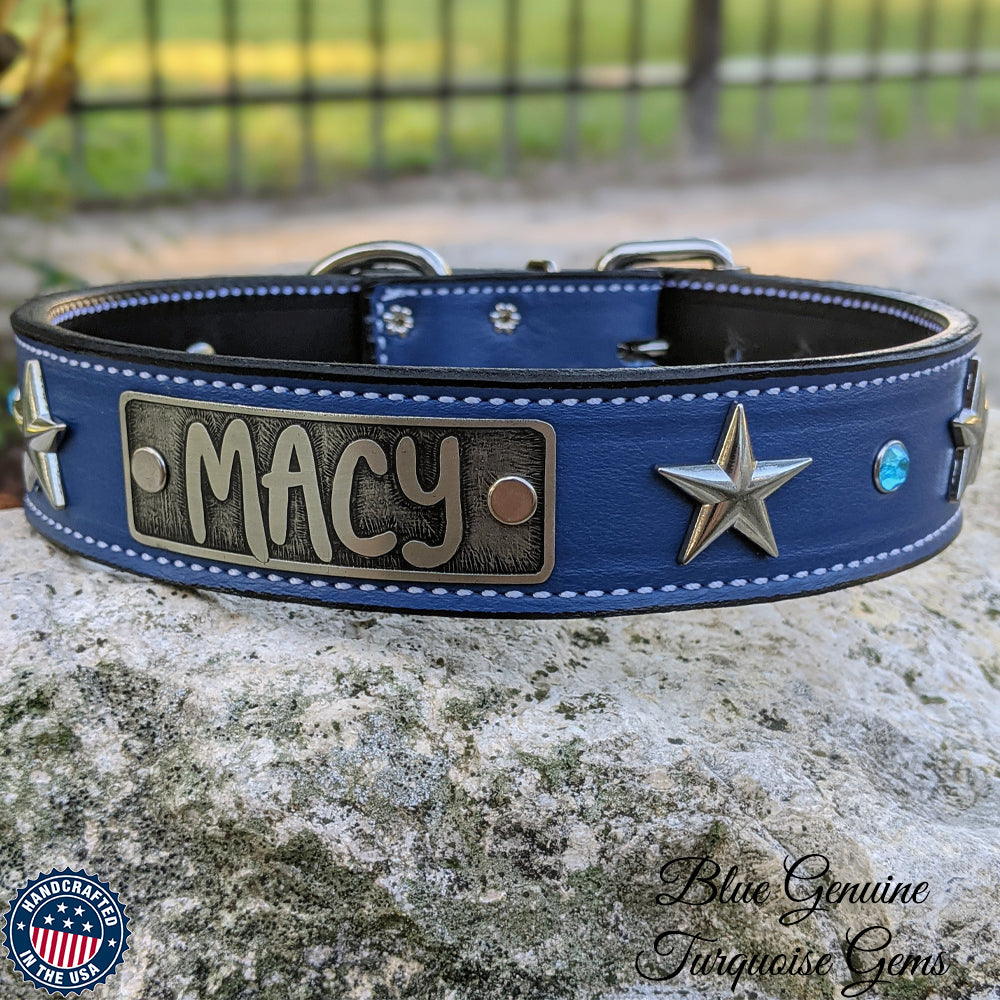 V42 - Collar de cuero para perro personalizado con estrellas de 1,5" de ancho y gemas