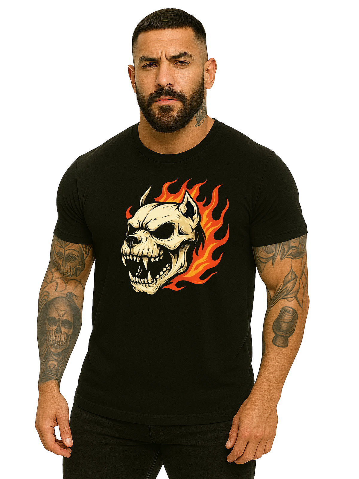 Fiery Pit Bull Skull Graphic Tee