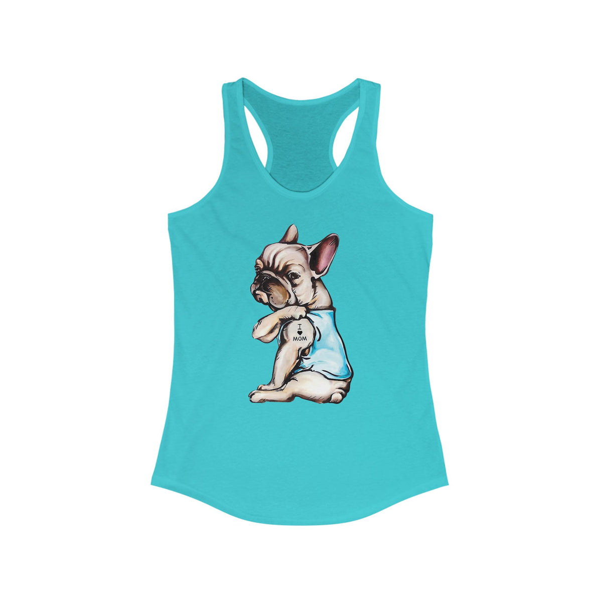 Camiseta de tirantes con espalda cruzada para mujer con tatuaje de mamá bulldog francés