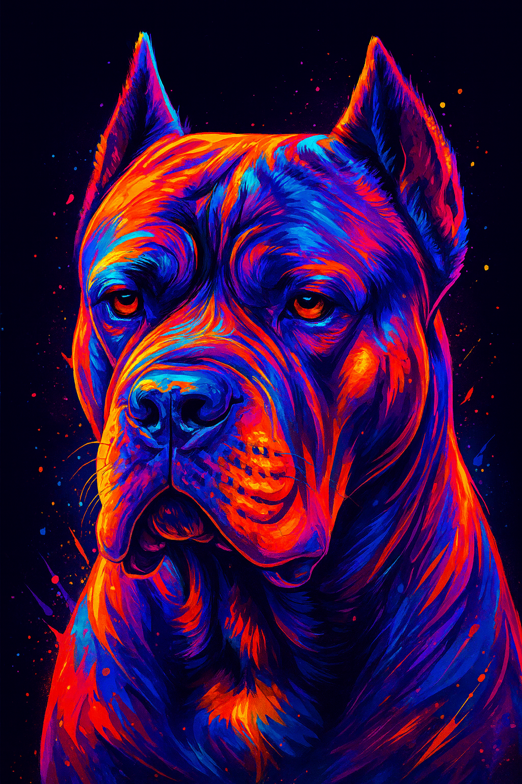 Colorful digital art of a dog's face with vibrant hues on a dark background