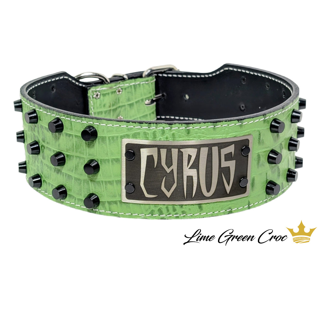 XN1 - Collar de cuero para perro de 3" de ancho con placa de identificación personalizada y tachuelas