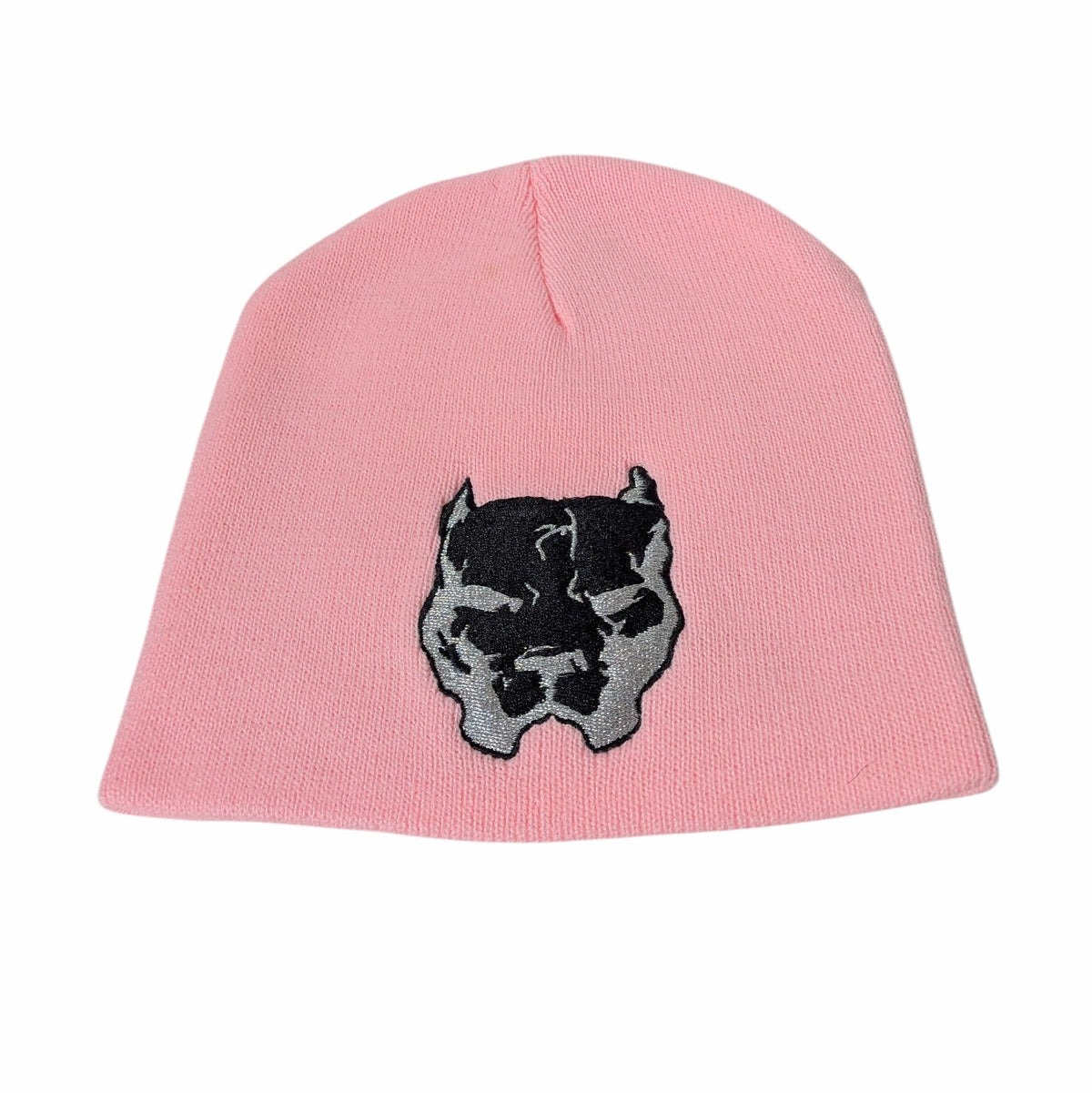 Pit Bull Bully Head Beanie – Light Pink w/ Black &amp; Silver Metallic Embroidery