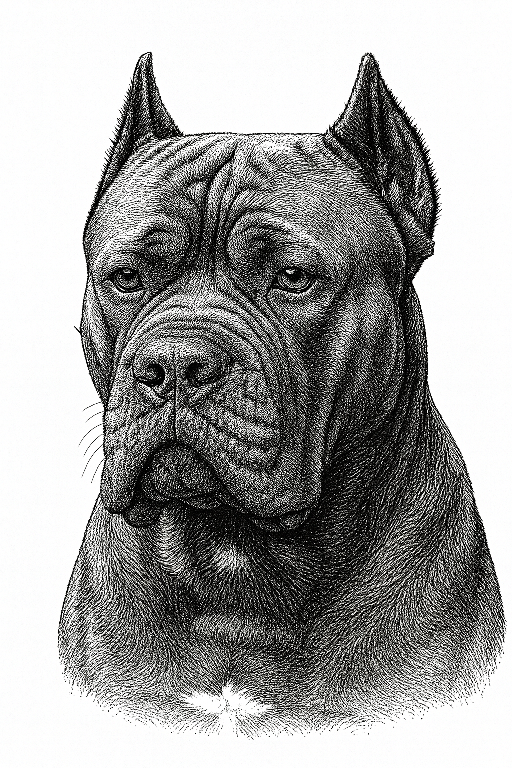 Detailed black and white illustration of a dog's head