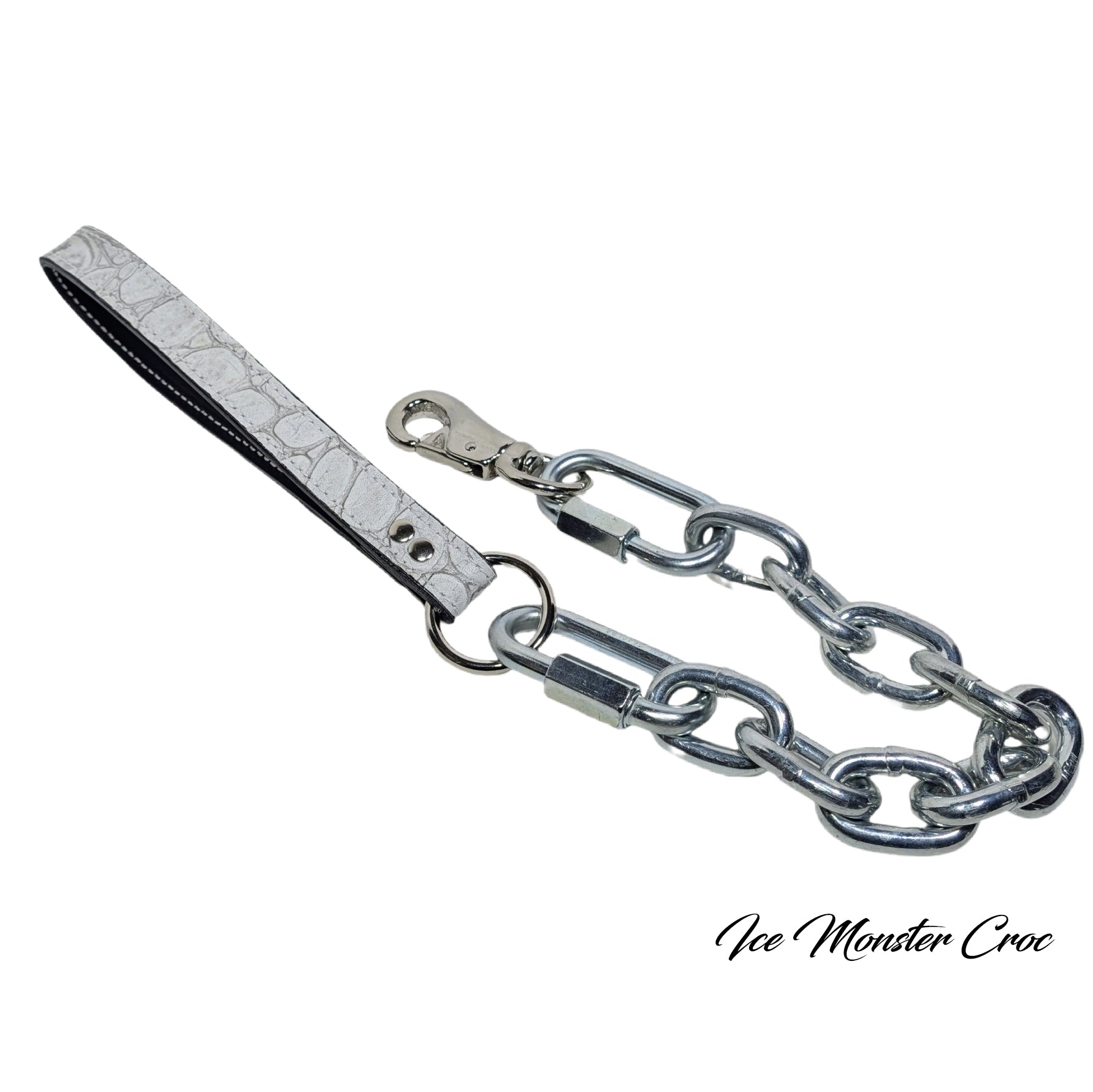 Leash with metal chain and crocodile texture handle on a white background