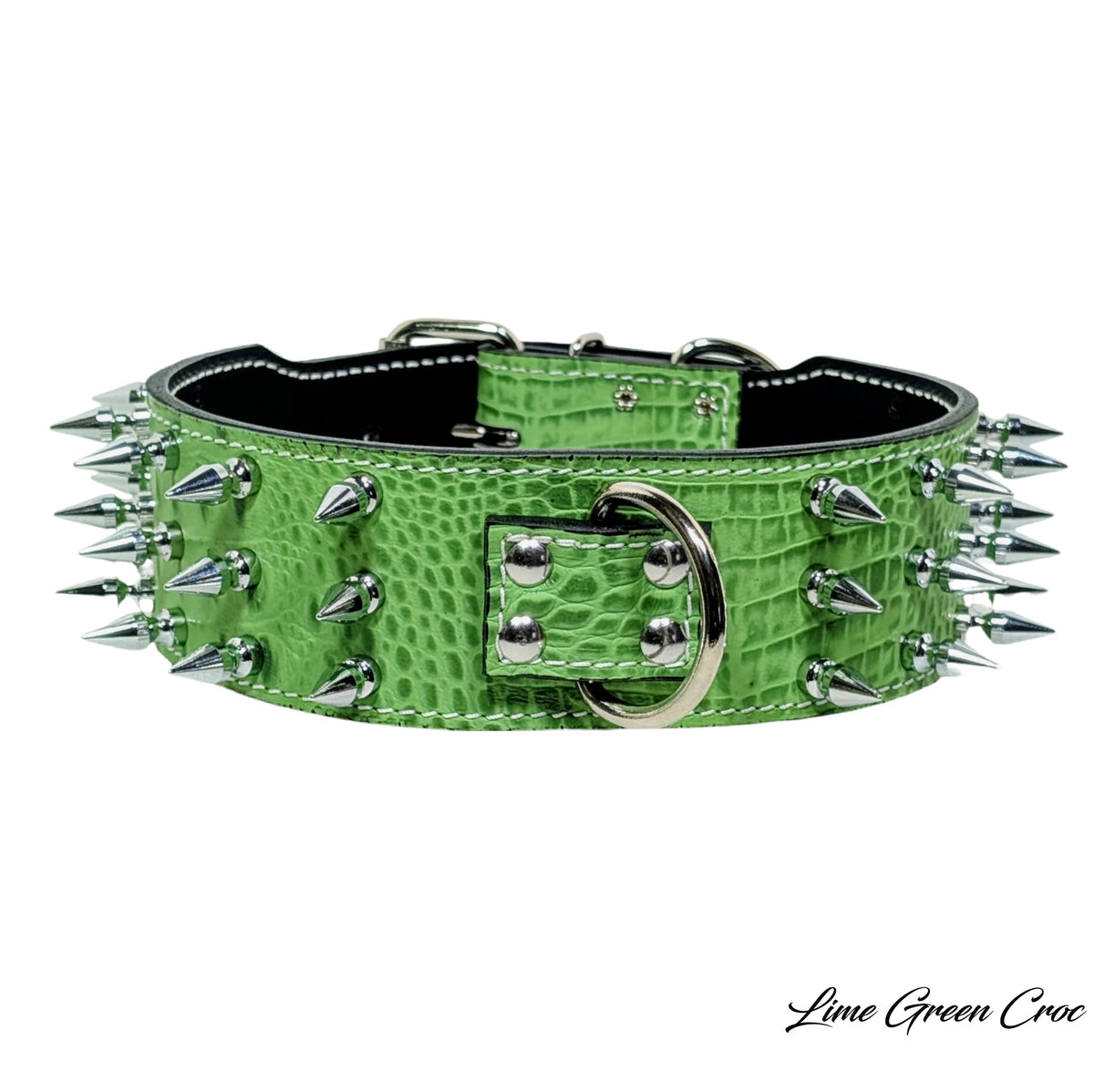 J17 - Custom 2.5&quot; Wide Personalized Italian Leather Dog Collar with 3 Rows of 1&quot; Tree Spikes