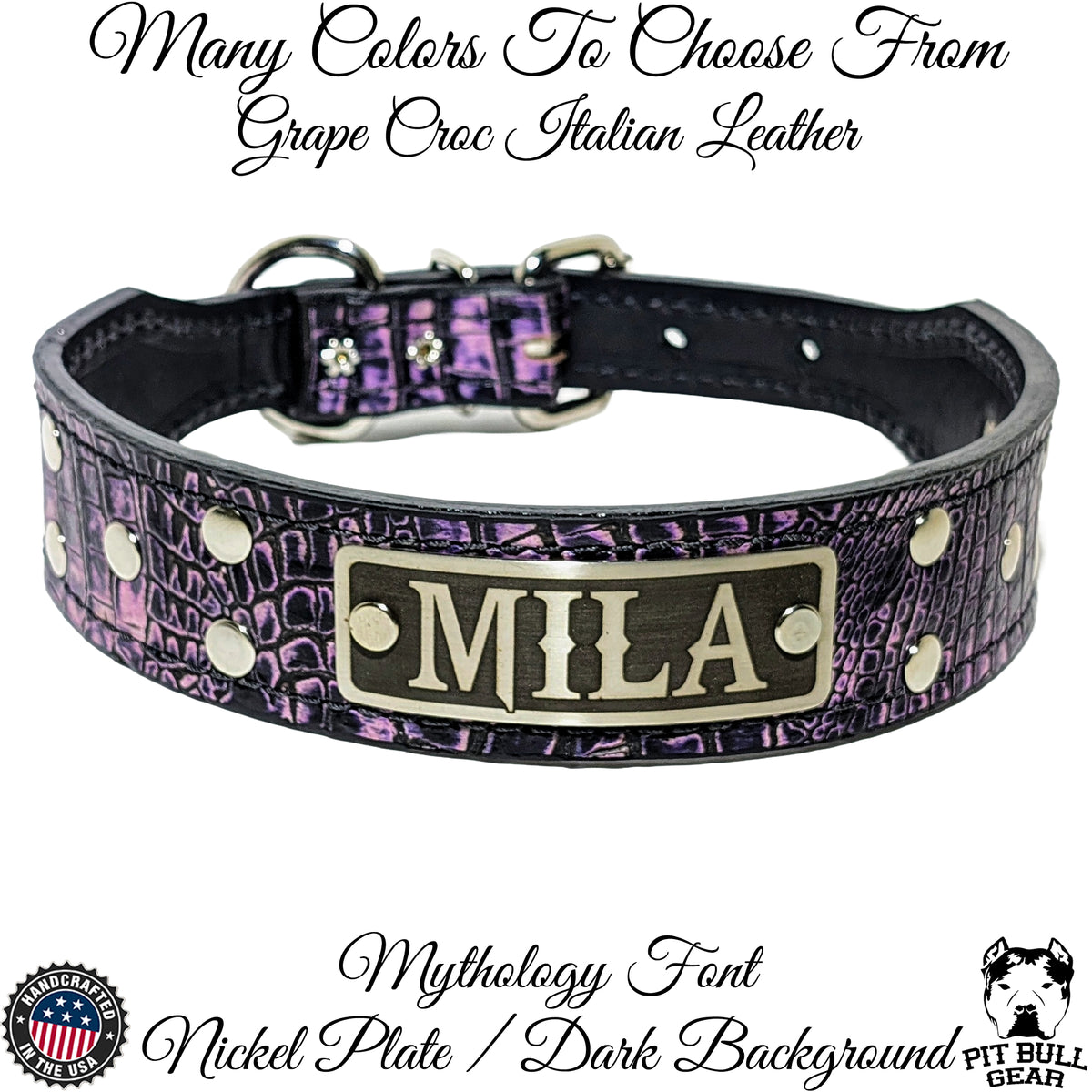 TV16 - 1.5&quot; Wide Tapered Leather Dog Collar with Name Plate &amp; Rivets