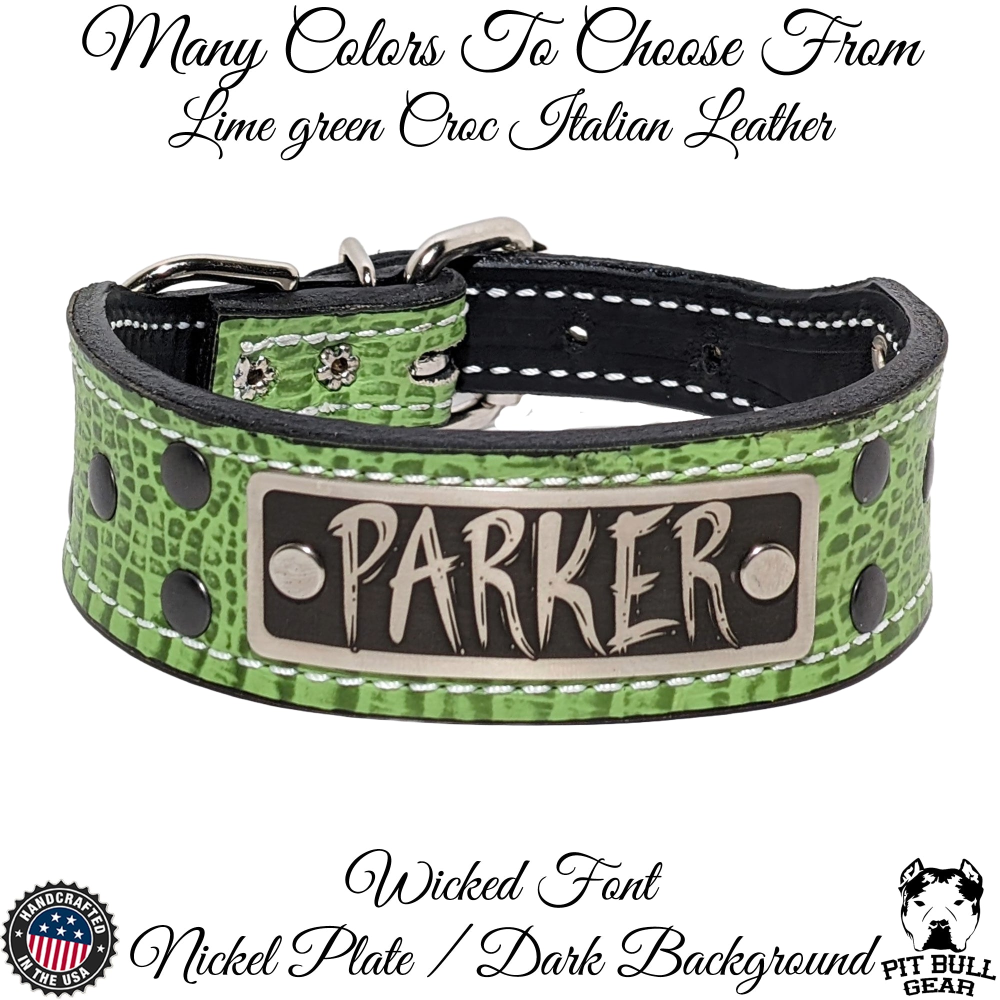 TV16 - 1.5" Wide Tapered Leather Dog Collar with Name Plate & Rivets