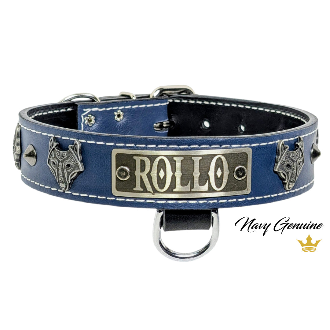 Blue leather dog collar with 'ROLLO' nameplate and wolf designs on a white background