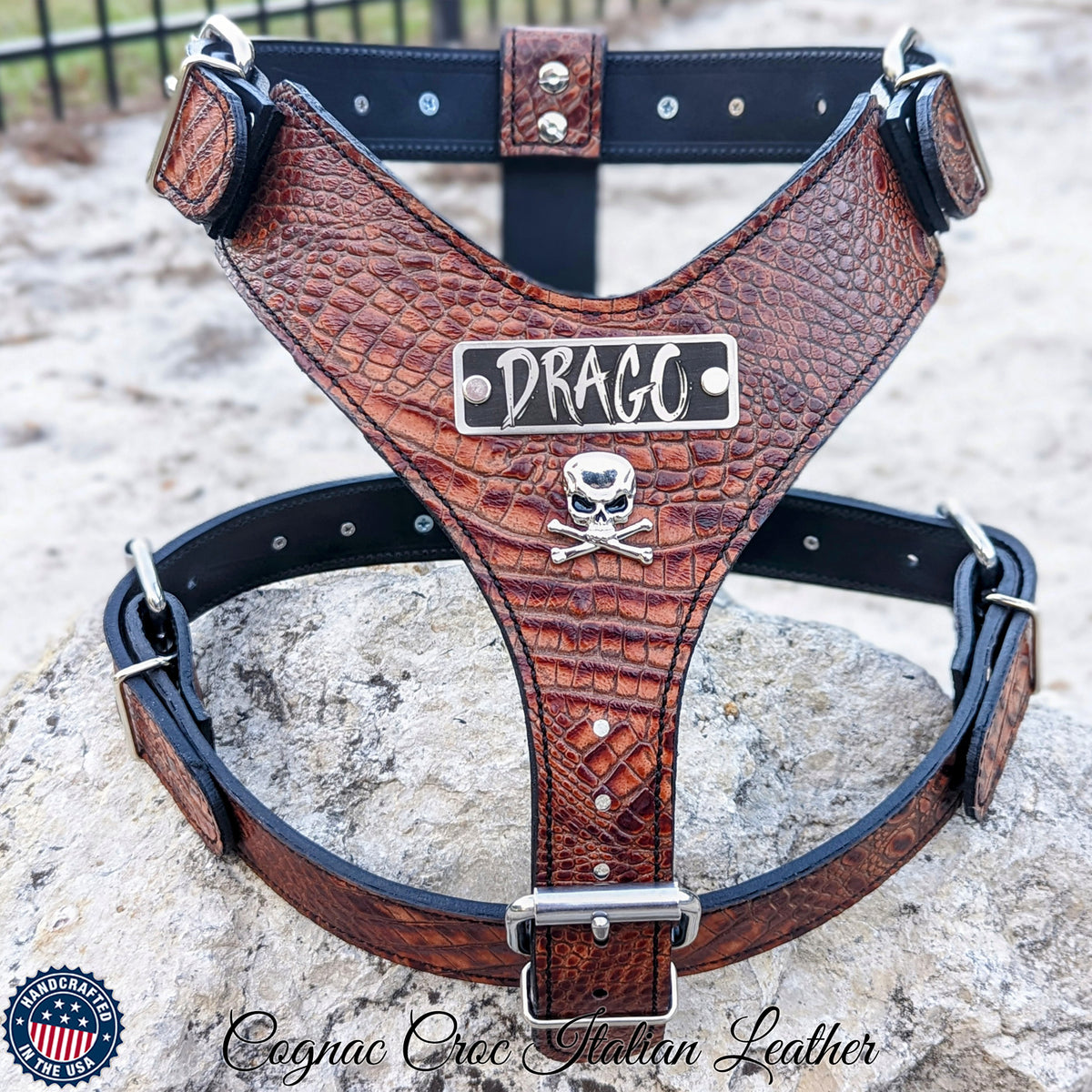NH16 - Personalized Leather Dog Harness with Skull & Crossbones