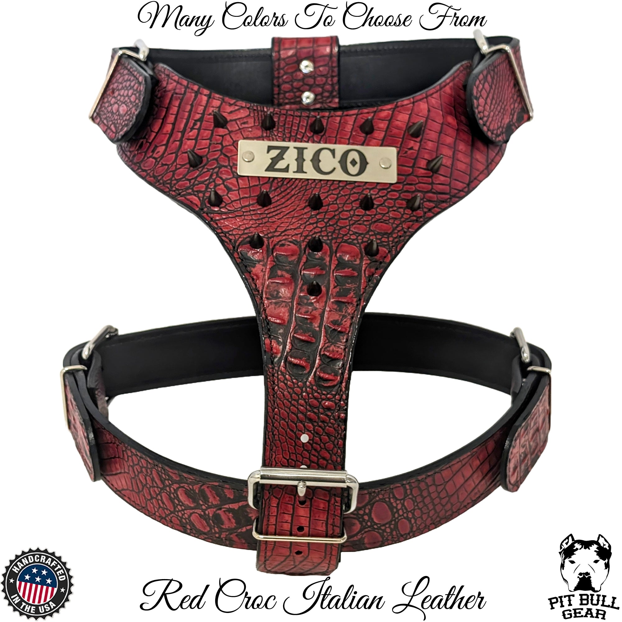 NH8 Leather Dog Harness with Name Plate Cone Spikes