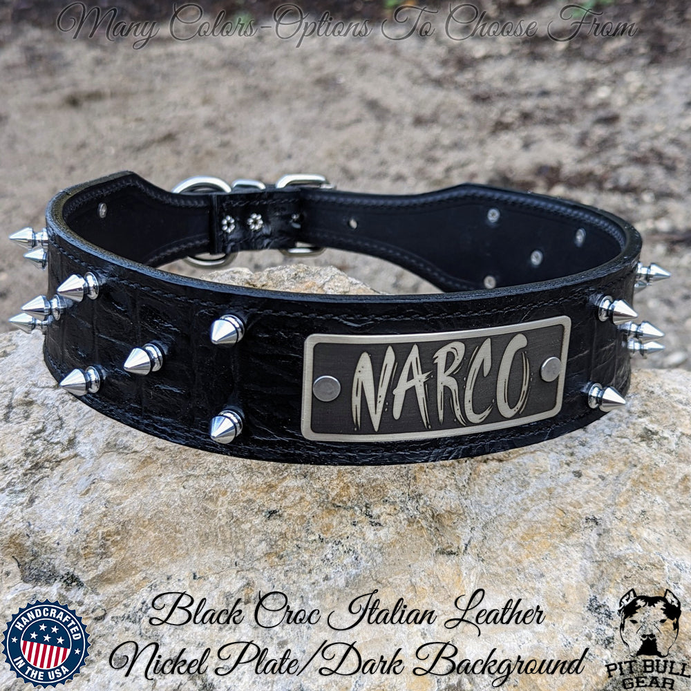 N6 - 2" Wide Personalized Tapered Leather Dog Collar with Spikes