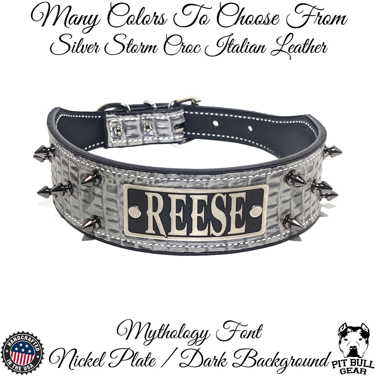 N6 - 2" Wide Personalized Tapered Leather Dog Collar with Spikes