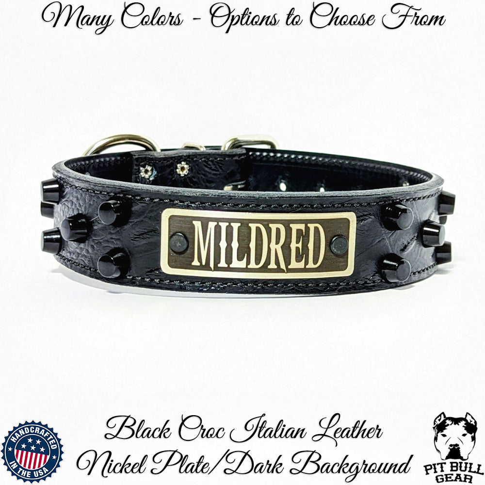 NV44 - Collar de cuero para perro de 1,5" de ancho con placa de identificación y tachuelas