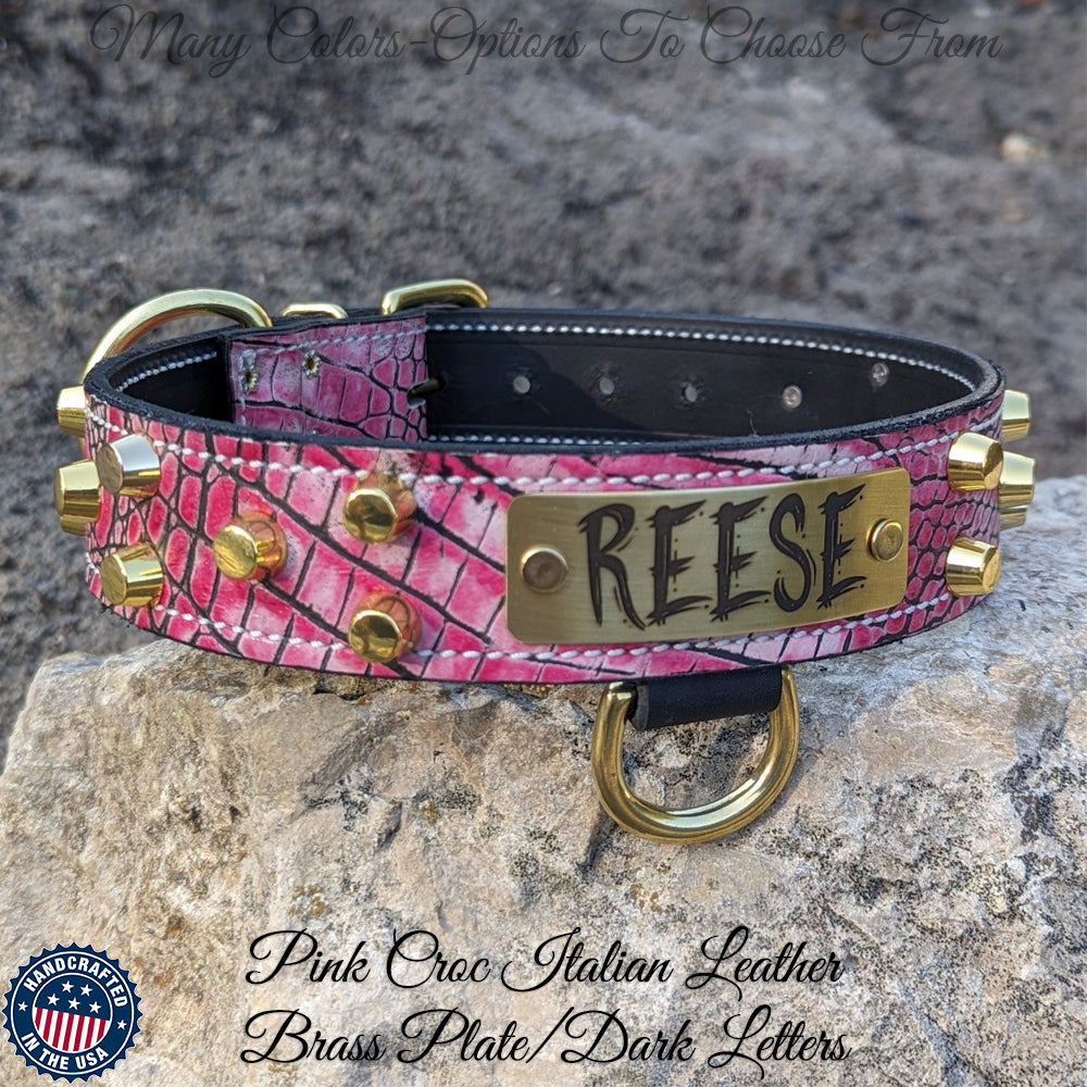 Leather Dog Collar, Personalized Name Plate Studded 2 Wide - N12