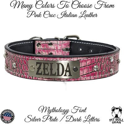 Leather Dog Collar with Gems Personalized Name Plate 1.5 Wide N11 Pit Bull Gear