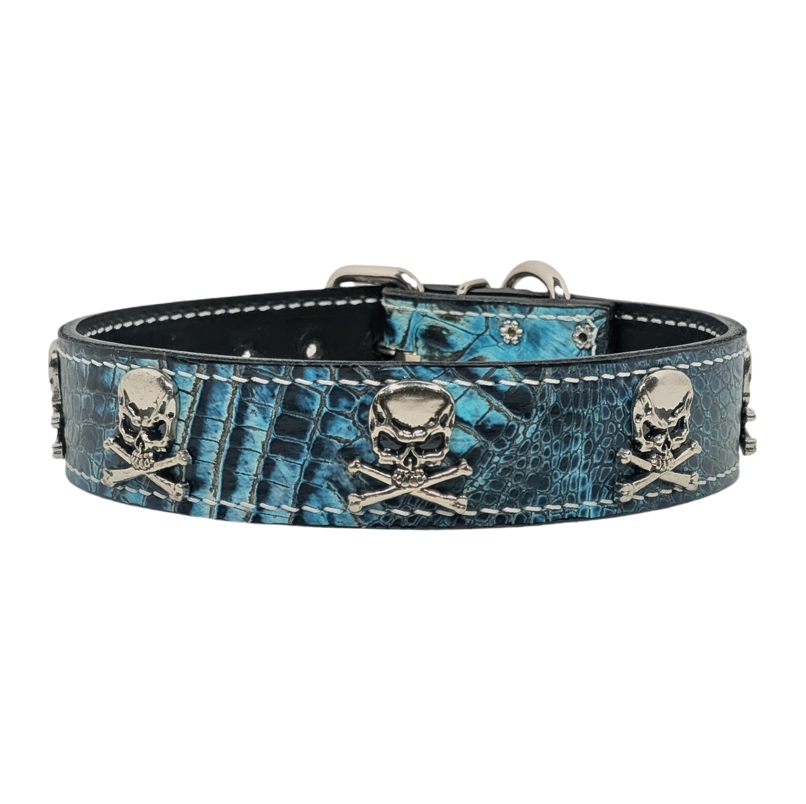 V9 - 1.5" Leather Dog Collar with Skull & Crossbones Conchos