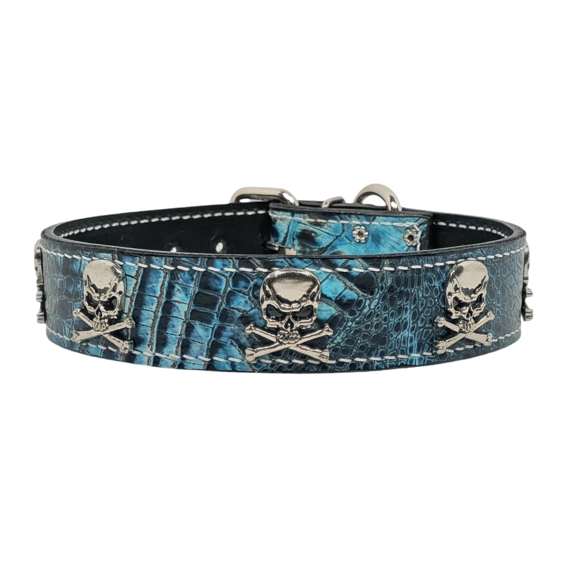 V9 - 1.5" Leather Dog Collar with Skull & Crossbones Conchos