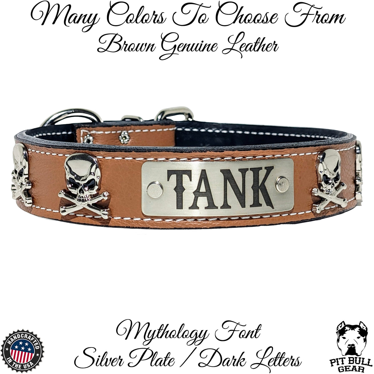 VN47 - Collar de cuero personalizado para perros de 1,5" de ancho con calavera y huesos cruzados