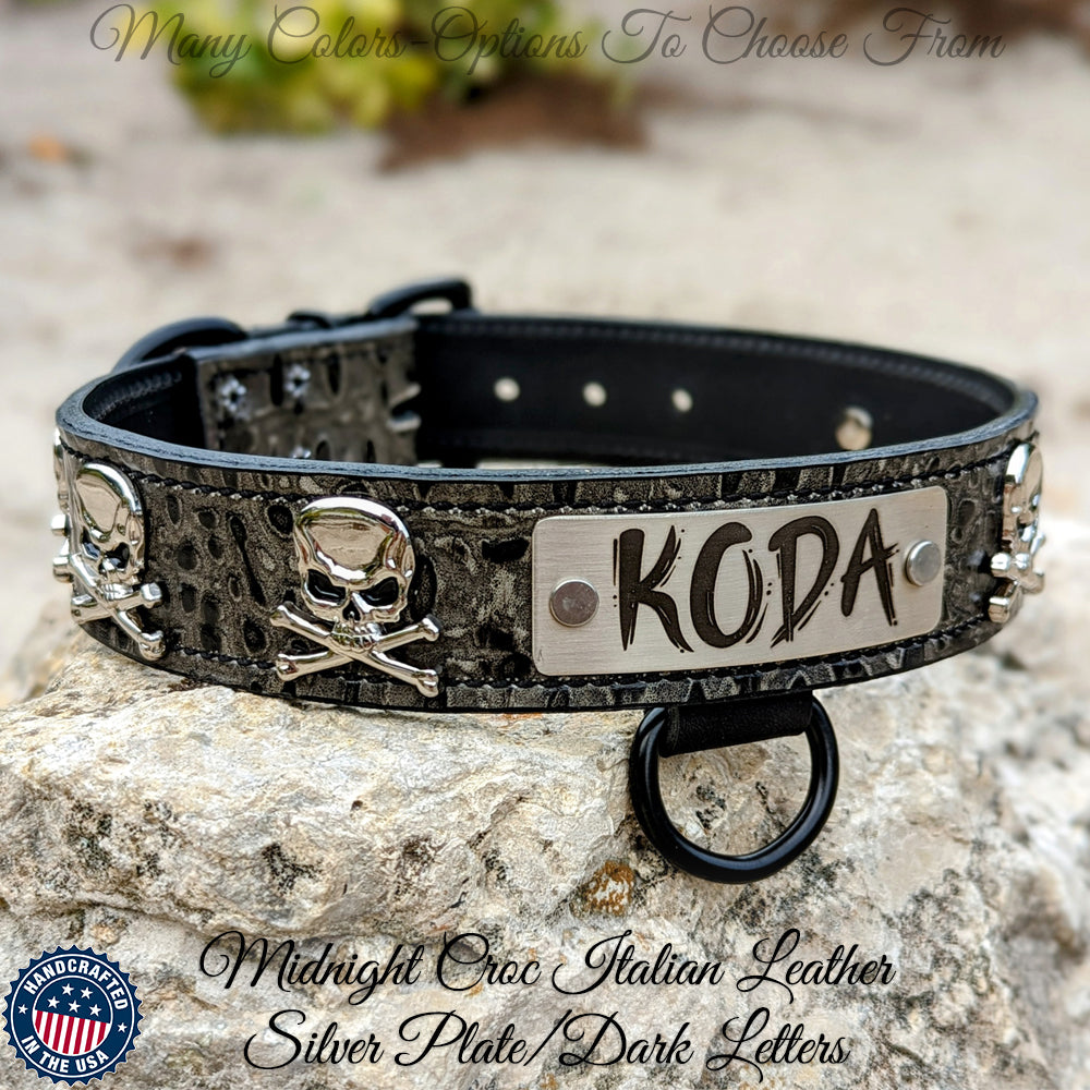 Leather Dog Collar, Personalized Name Plate Studded 2 Wide - N12