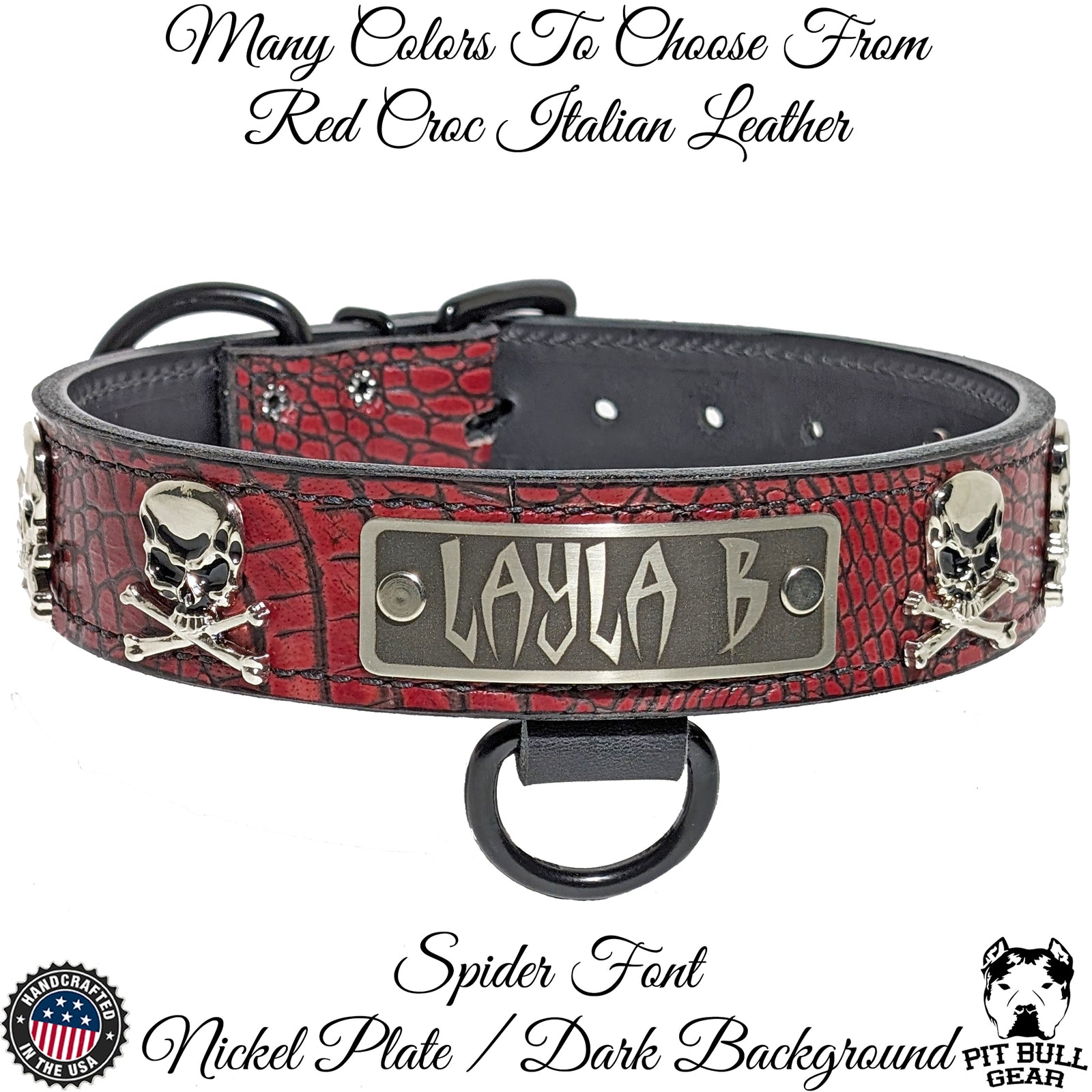 VN47 - Collar de cuero personalizado para perros de 1,5" de ancho con calavera y huesos cruzados