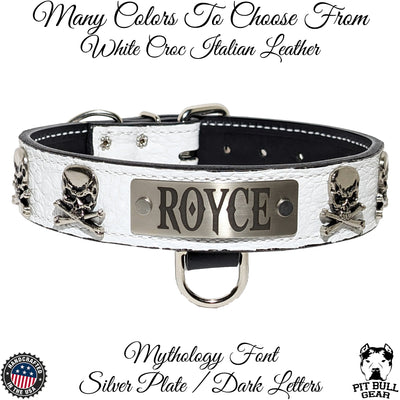 Personalized Leather Dog Collar w/ Skull & Crossbones 1.5" Wide - VN47