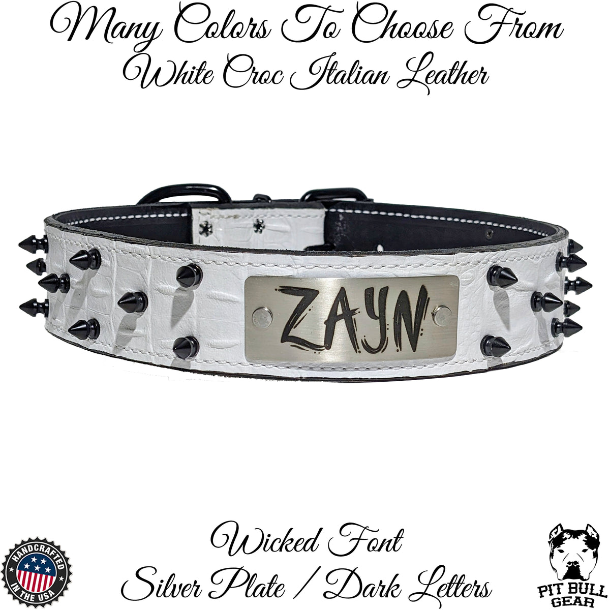 W46 - 2" Spiked Leather Dog Collar with Personalized Name Plate
