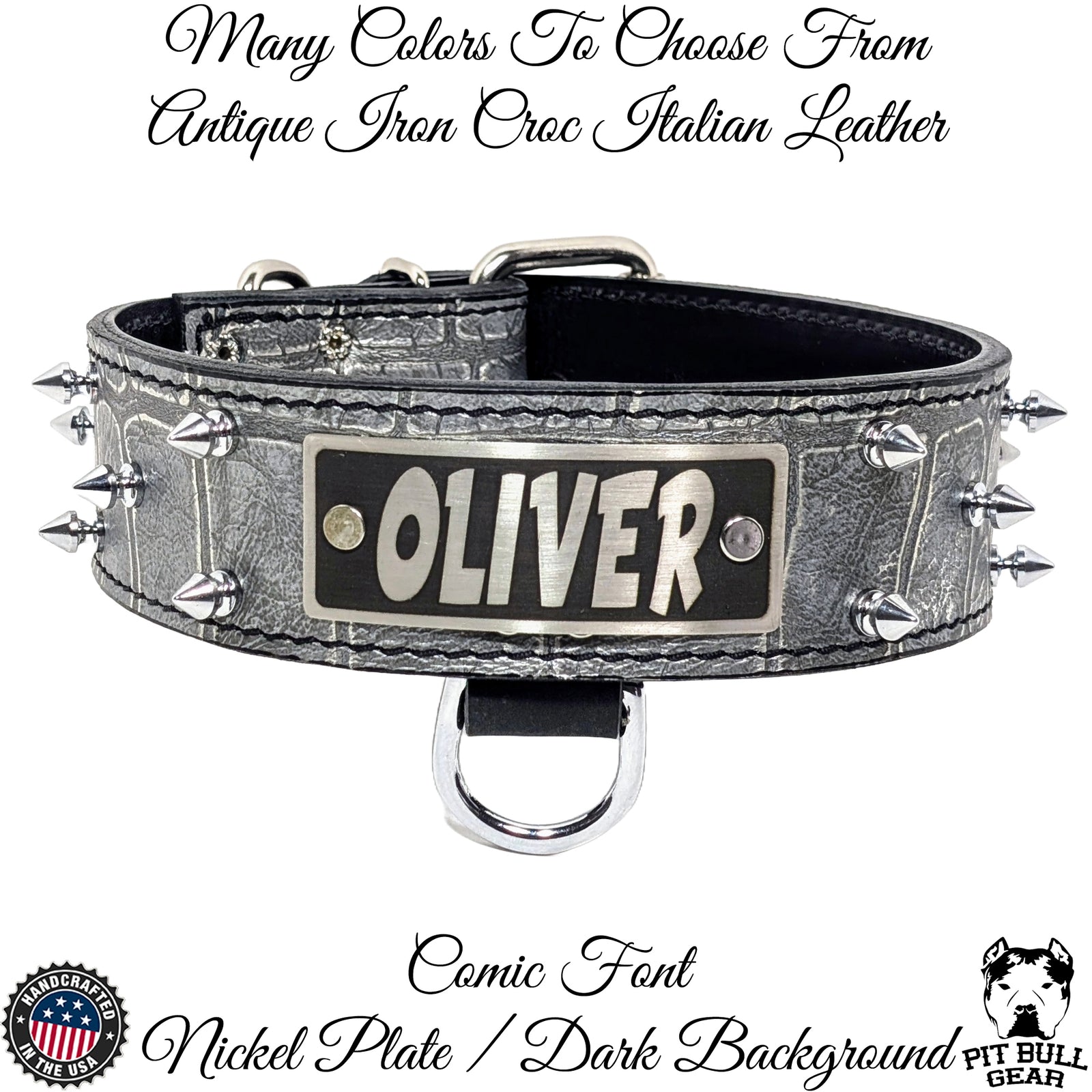 W46 - 2" Spiked Leather Dog Collar with Personalized Name Plate