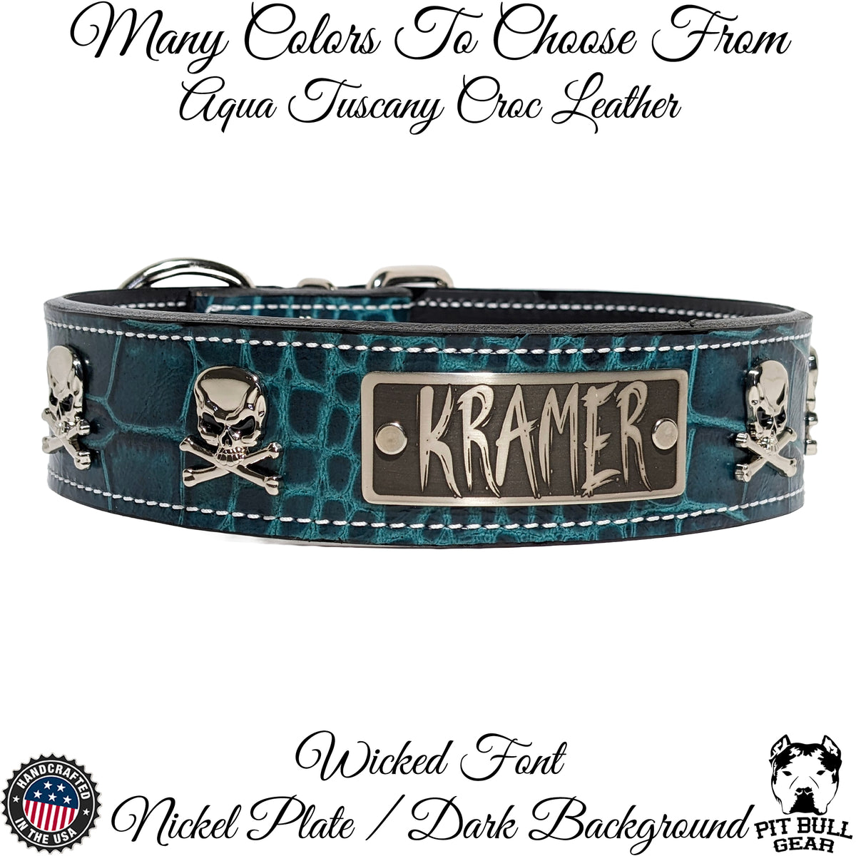 WN6 - 2" Wide Personalized Leather Dog Collar with Skulls & Crossbones
