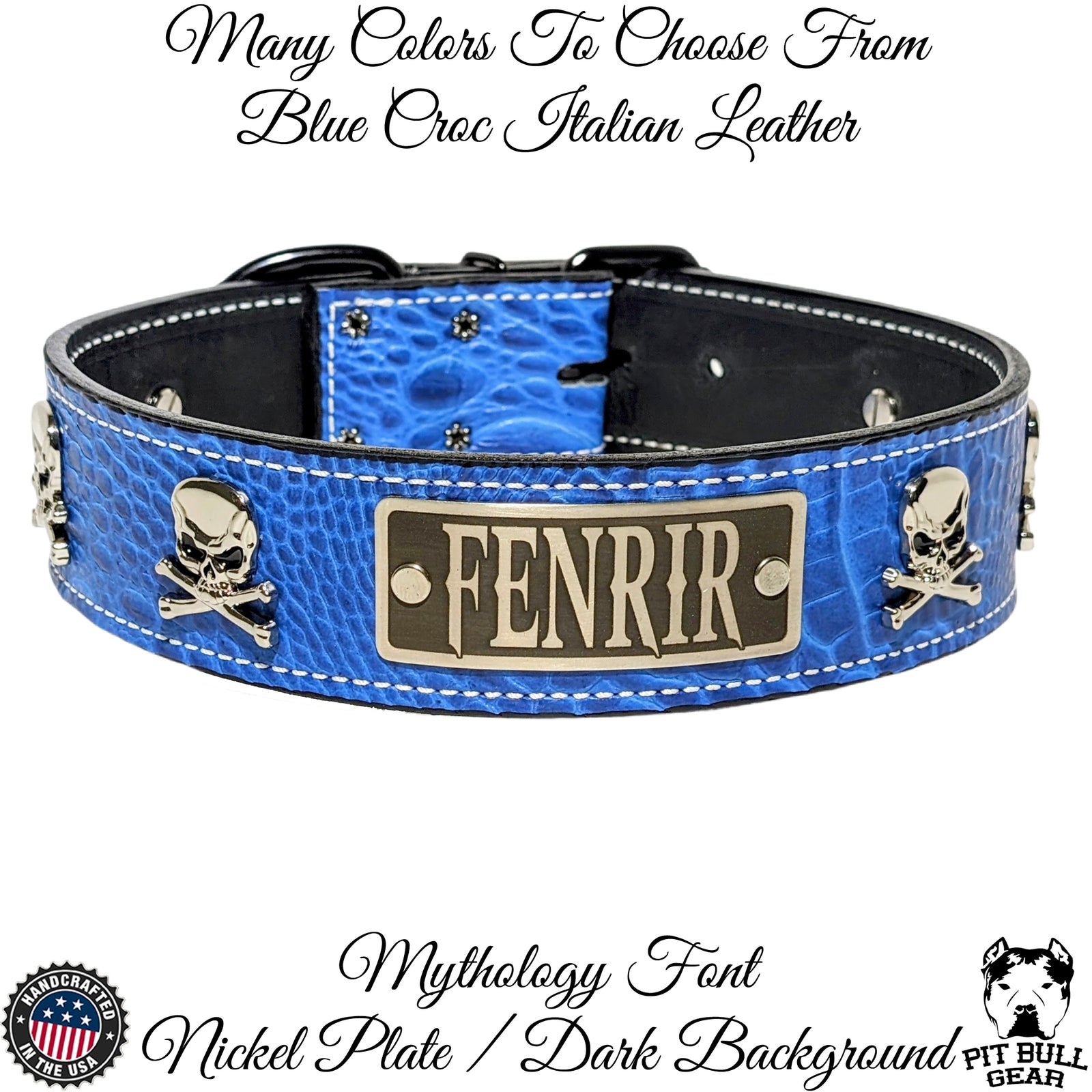 WN6 - Collar de cuero de 2" de ancho con placa de identificación personalizada de cuero, calaveras y huesos cruzados