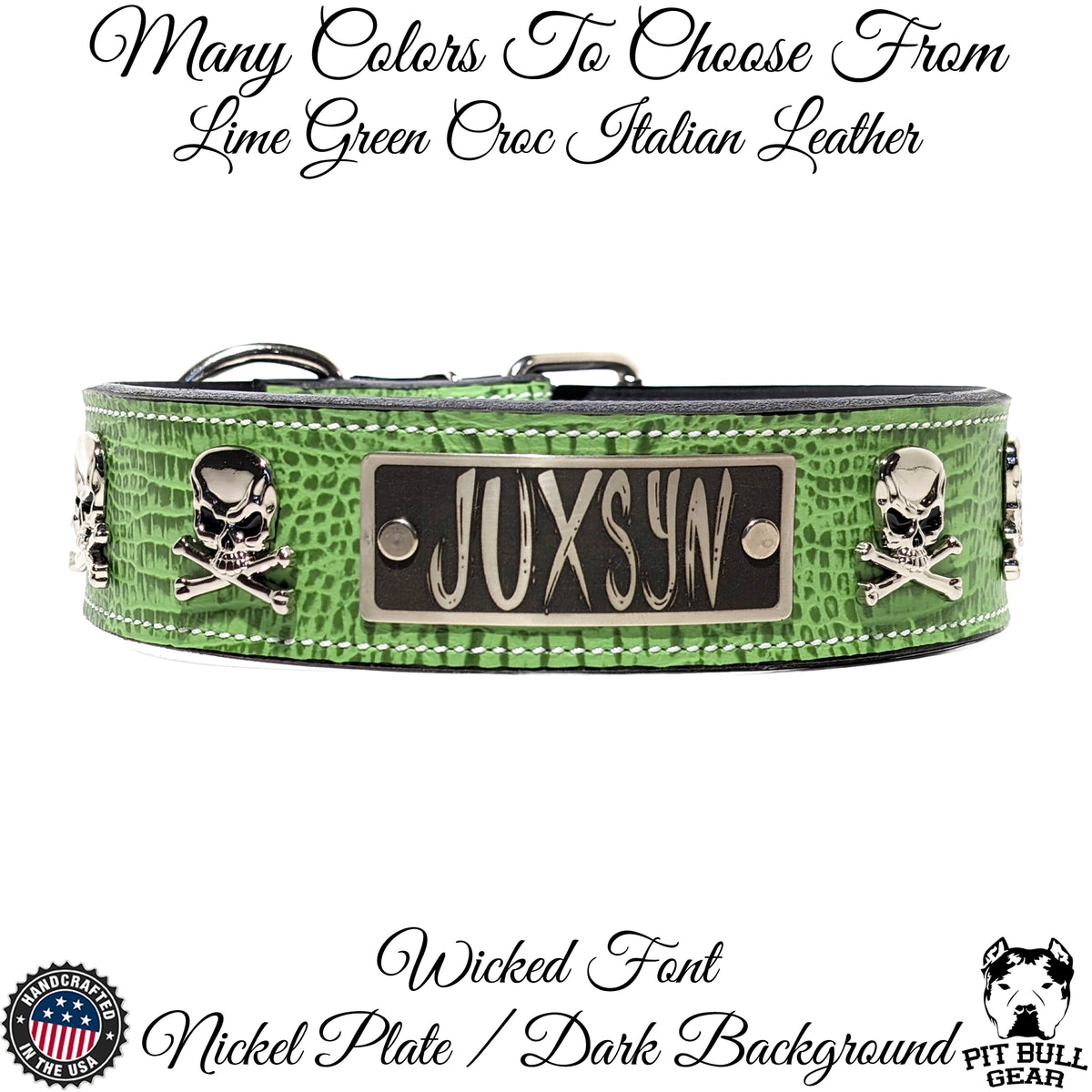 WN6 - 2" Wide Personalized Leather Dog Collar with Skulls & Crossbones