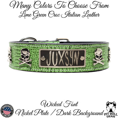 WN6 - 2" Personalized Name Plate Leather Dog Collar with Skulls & Crossbones