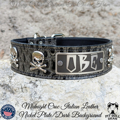 WN6 - 2" Personalized Name Plate Leather Dog Collar with Skulls & Crossbones