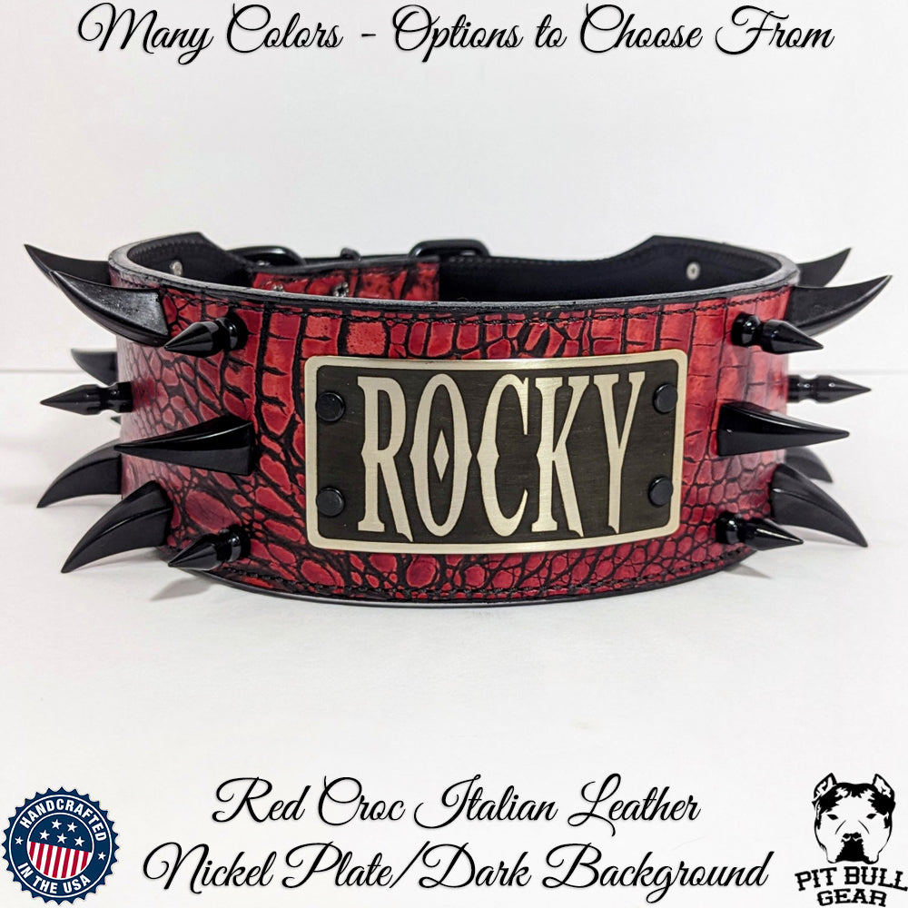 X11 - 3" Wide Spiked Leather Dog Collar with Personalized Name Plate