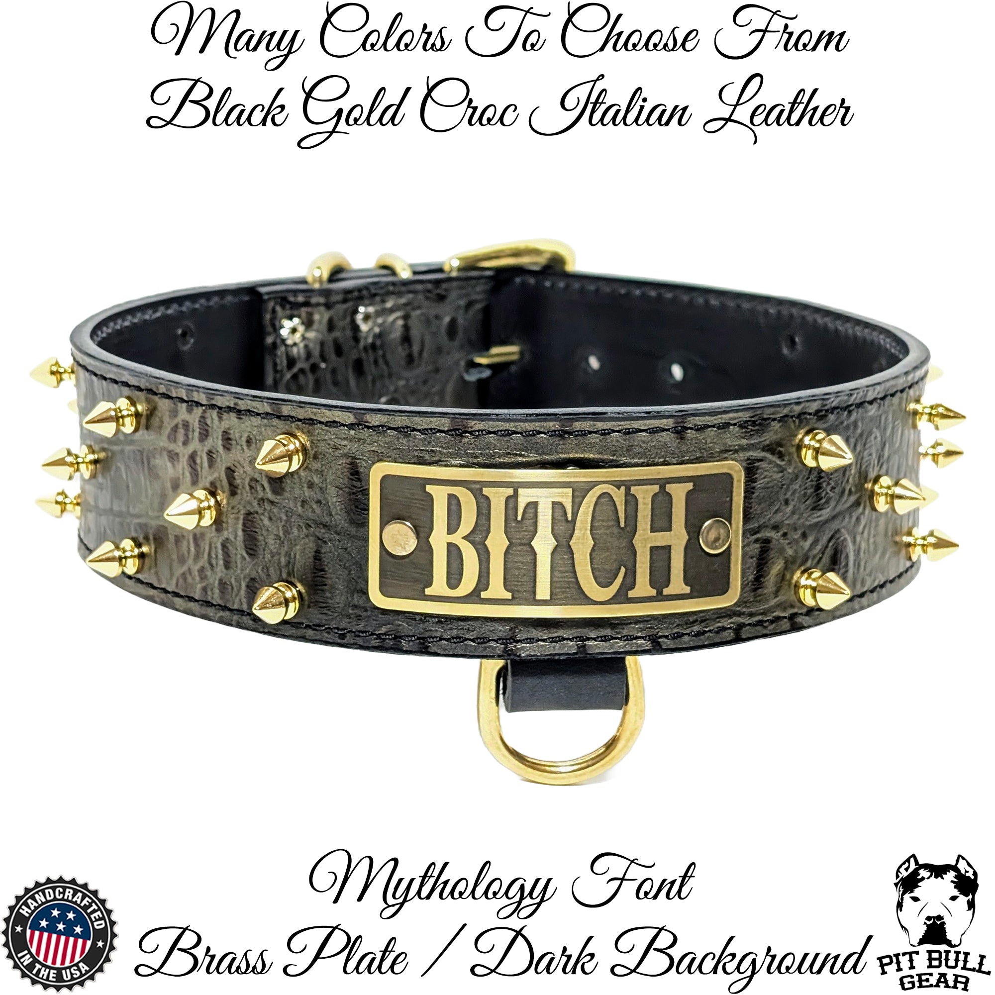 Spiked Leather Dog Collar with Personalized Name Plate 2 Wide Collar Pit Bull Gear