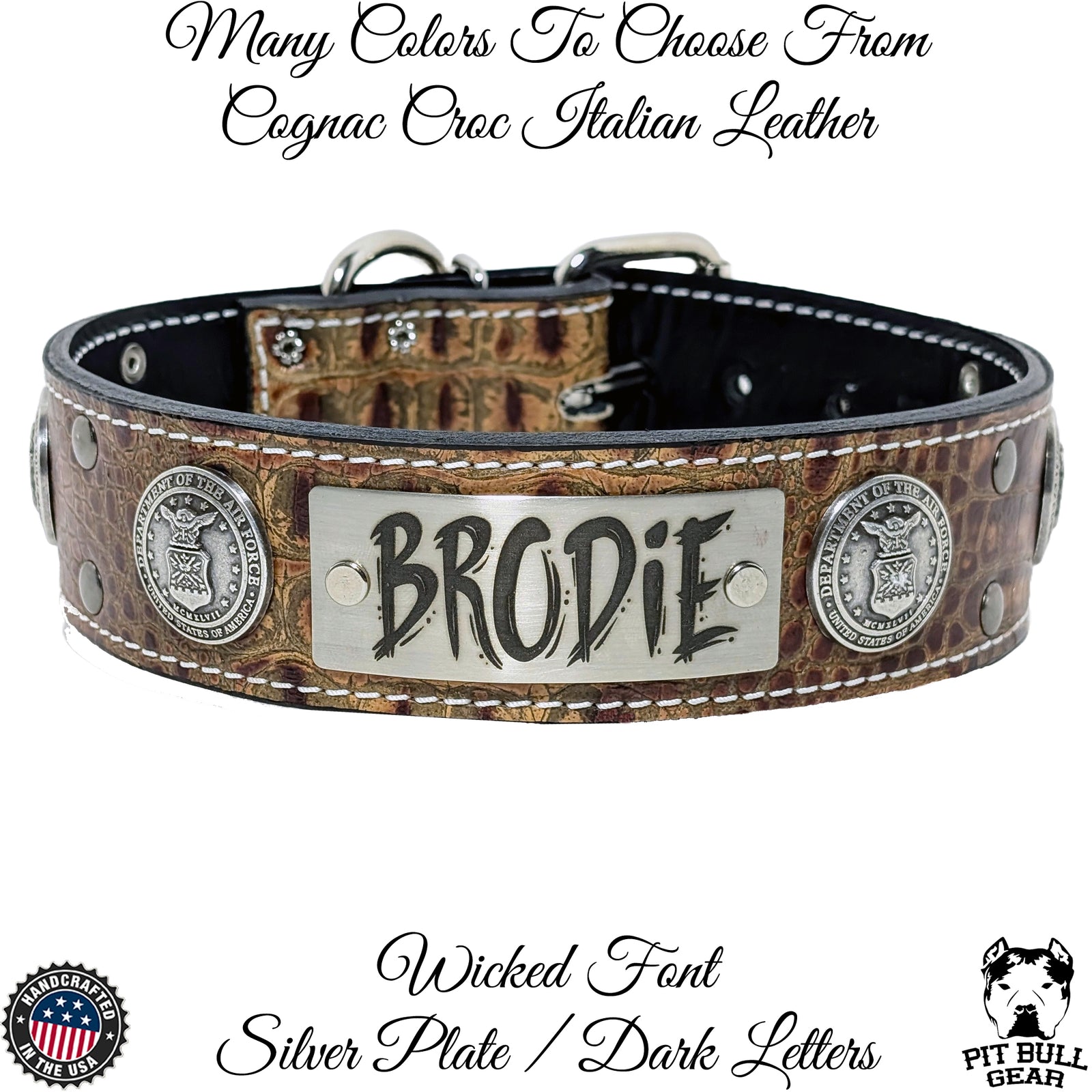 W51AF - Collar para perro de cuero de la Fuerza Aérea personalizado de 2" de ancho