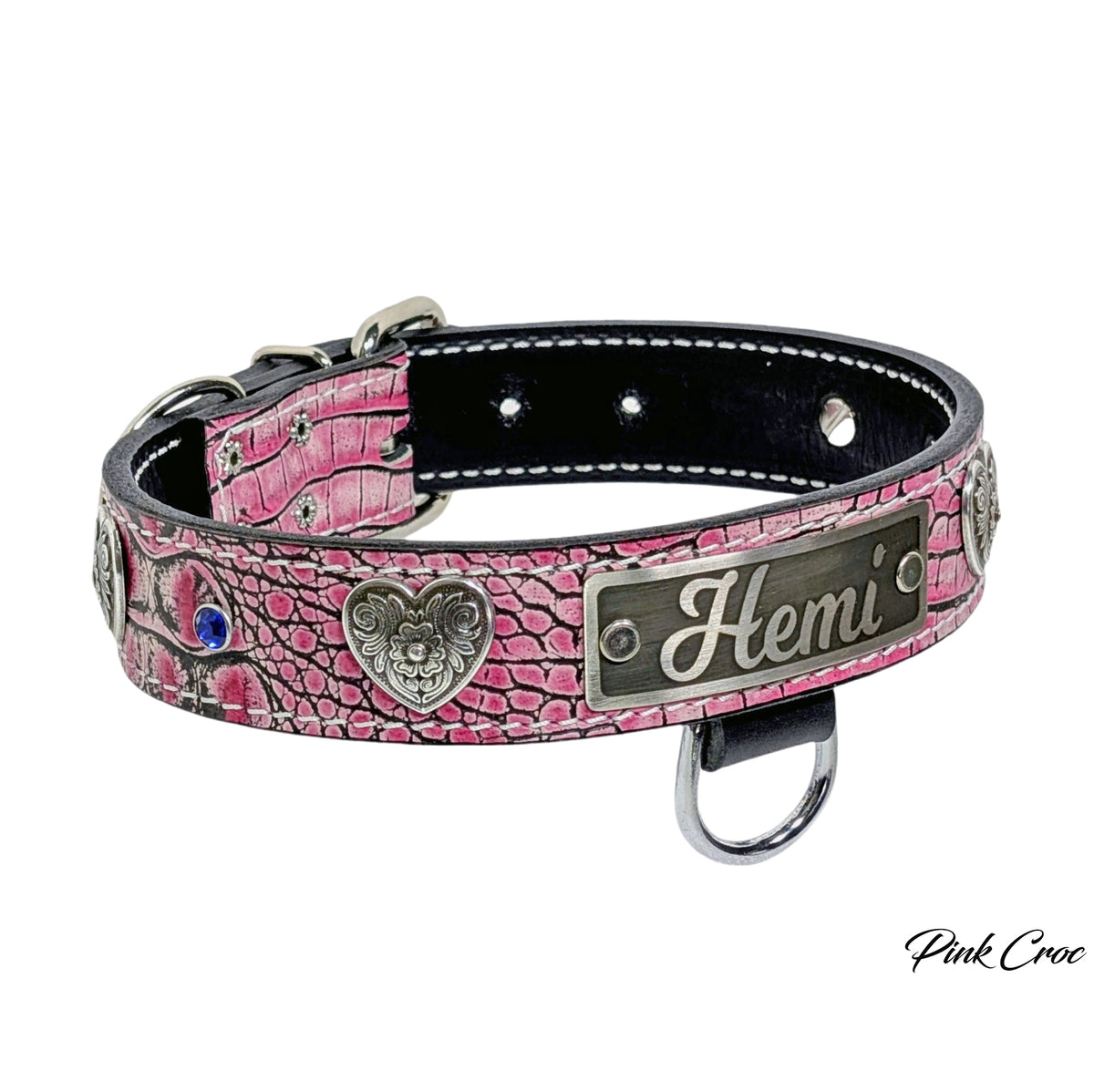 Pink crocodile patterned dog collar with &#39;Hemi&#39; engraving on a white background