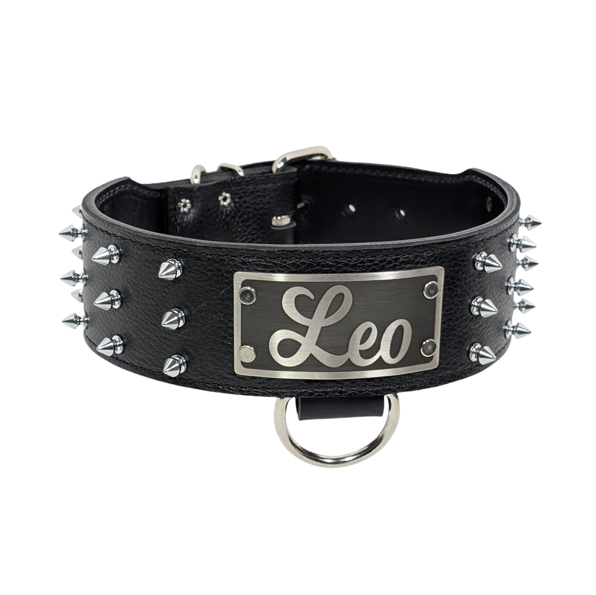 Collar de cuero con pinchos para perros, collar de cuero con placa de identificación de 2,5" de ancho - J8