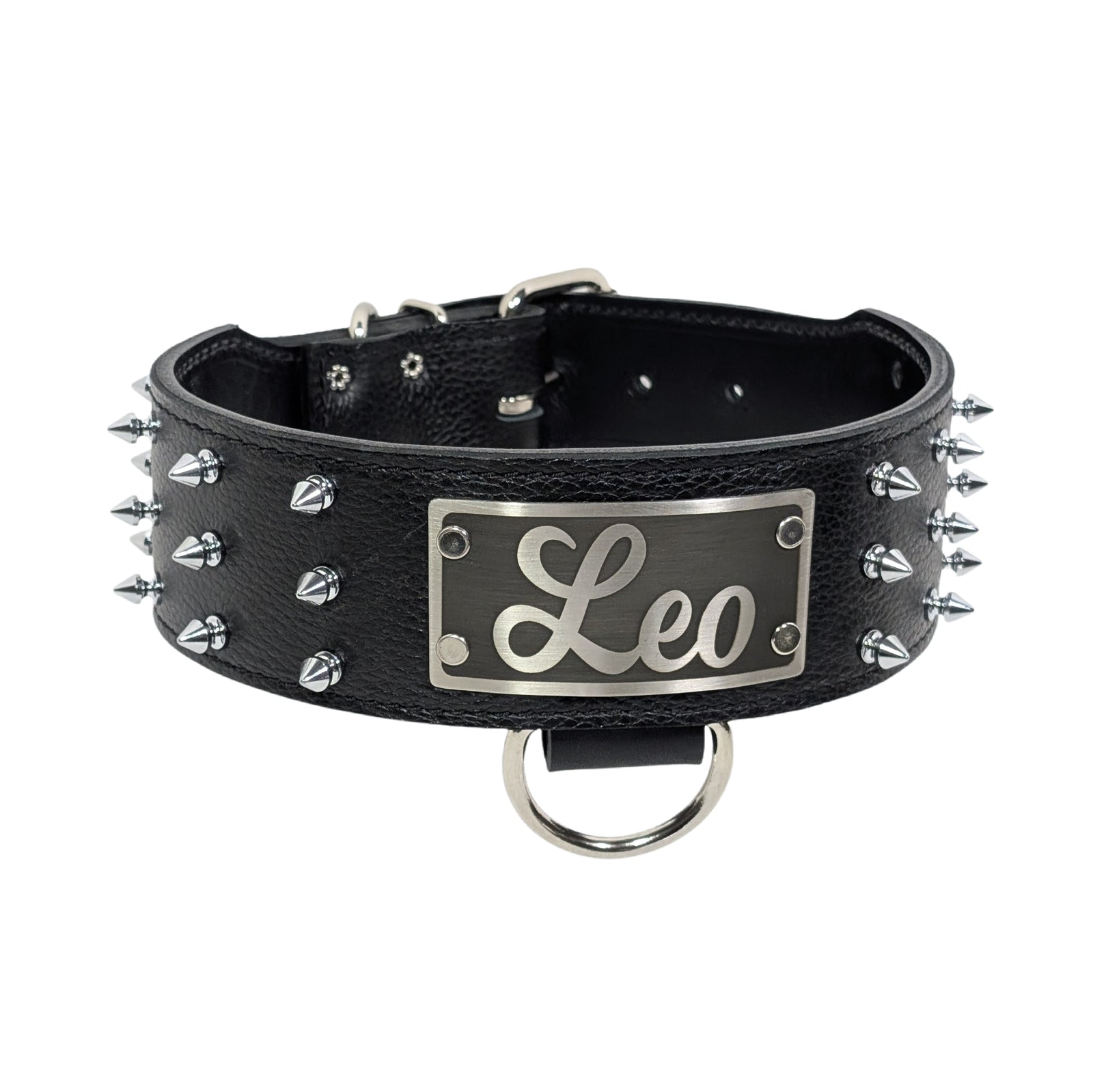 Collar de cuero con pinchos para perros, collar de cuero con placa de identificación de 2,5" de ancho - J8