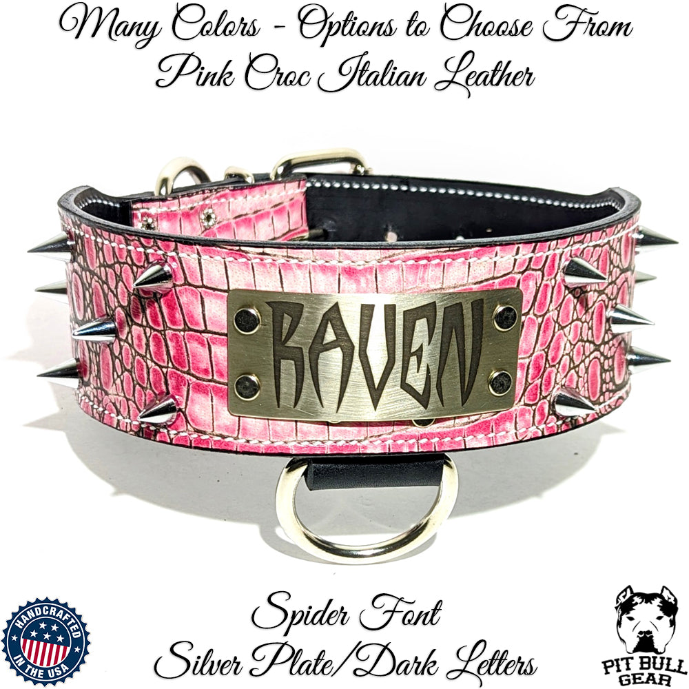 Spiked Leather Dog Collar Personalized Nameplate - 2.5&quot; Wide - JN1