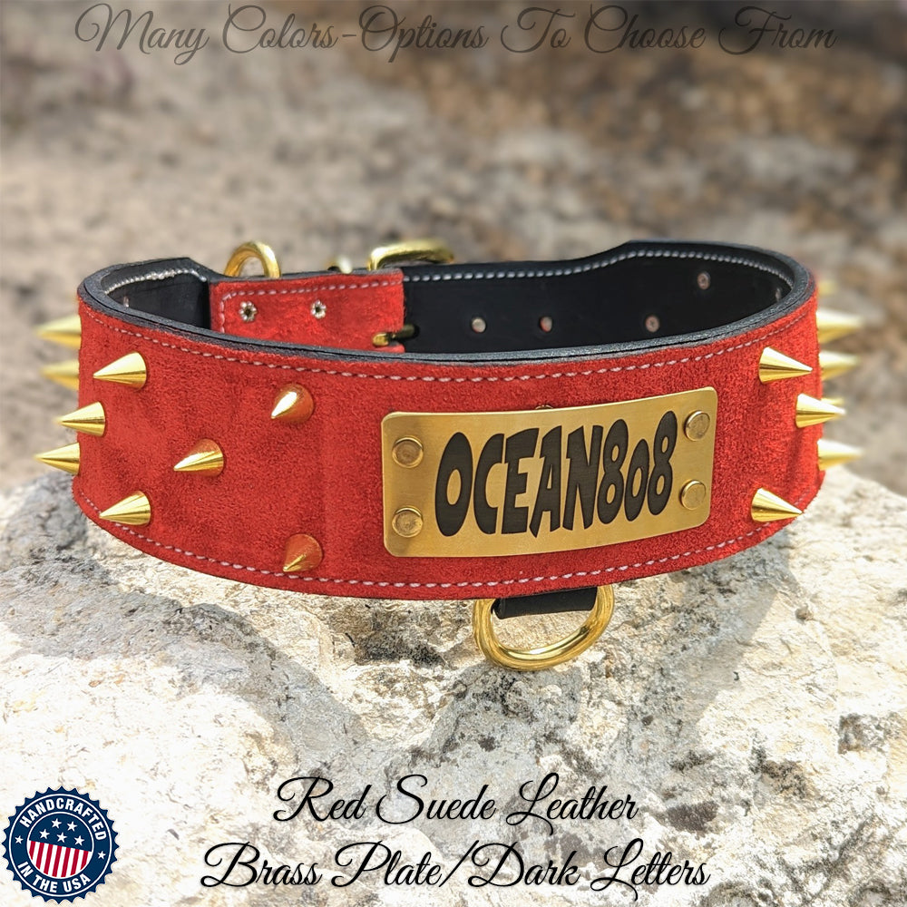 Spiked Leather Dog Collar Personalized Nameplate - 2.5" Wide - JN1