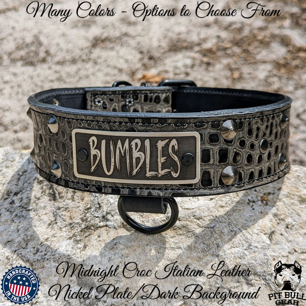 Personalized Studs & Gems Leather Dog Collar - 2 Wide - Pit Bull Gear