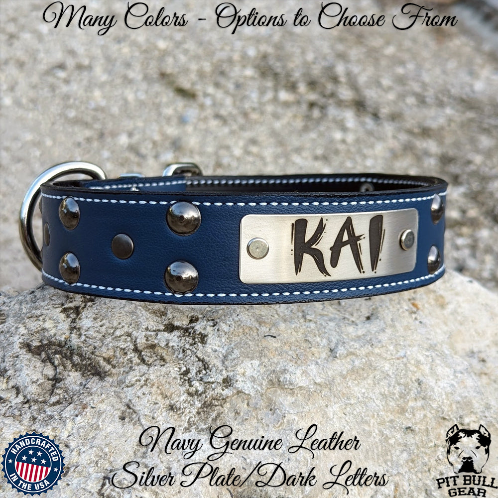 Leather Dog Collar, Personalized Name Plate Studded 2 Wide - N12