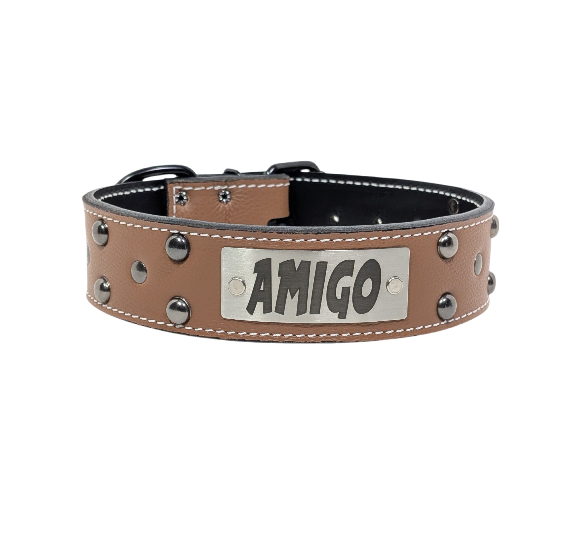 N12 - Collar para perro de cuero tachonado de 2" de ancho con placa de identificación 