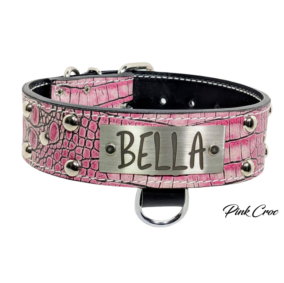 N12 - Collar para perro de cuero tachonado de 2" de ancho con placa de identificación 