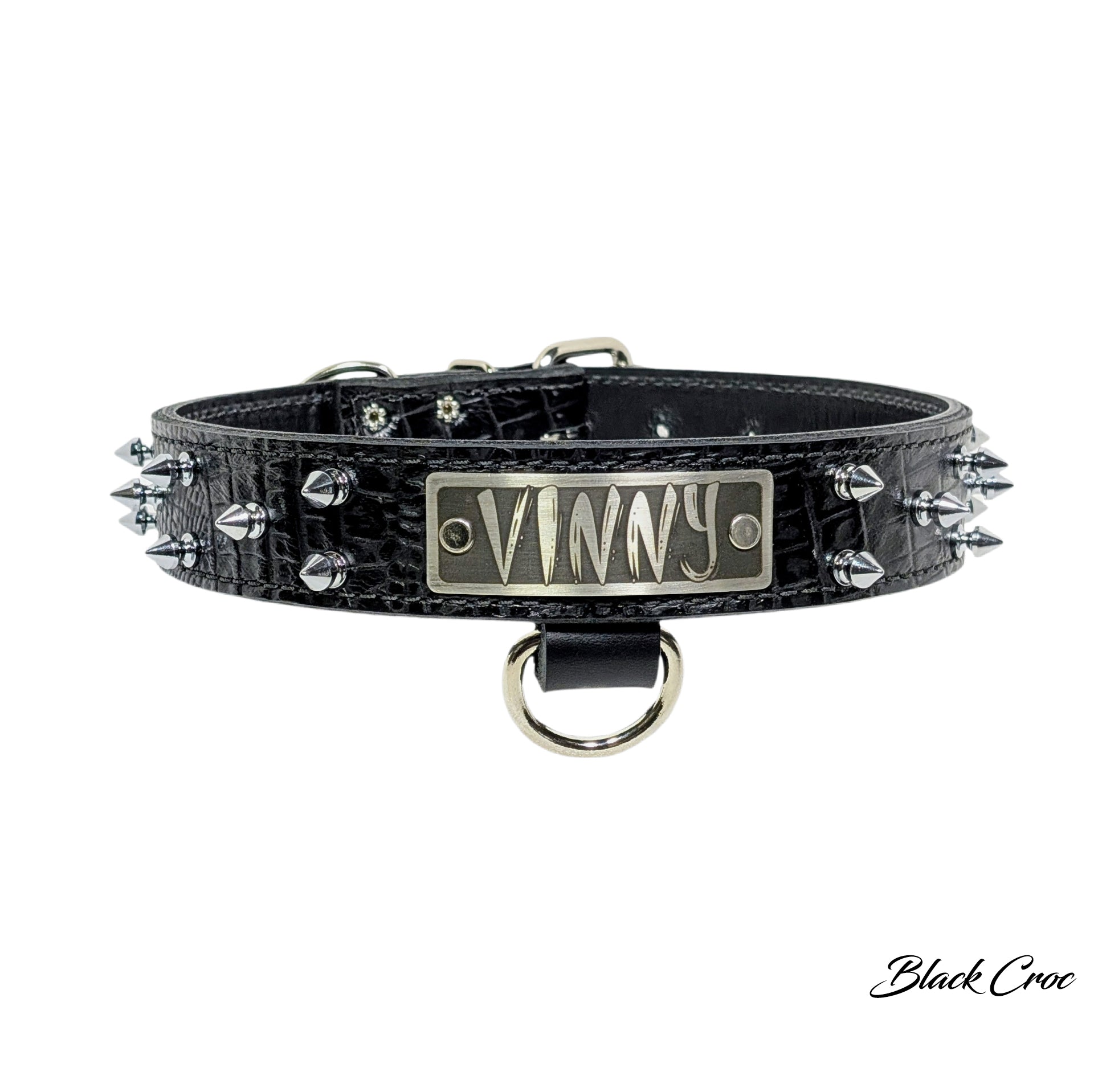 N14 - Collar para perro de cuero con pinchos de 1,5" de ancho y placa de identificación personalizada 